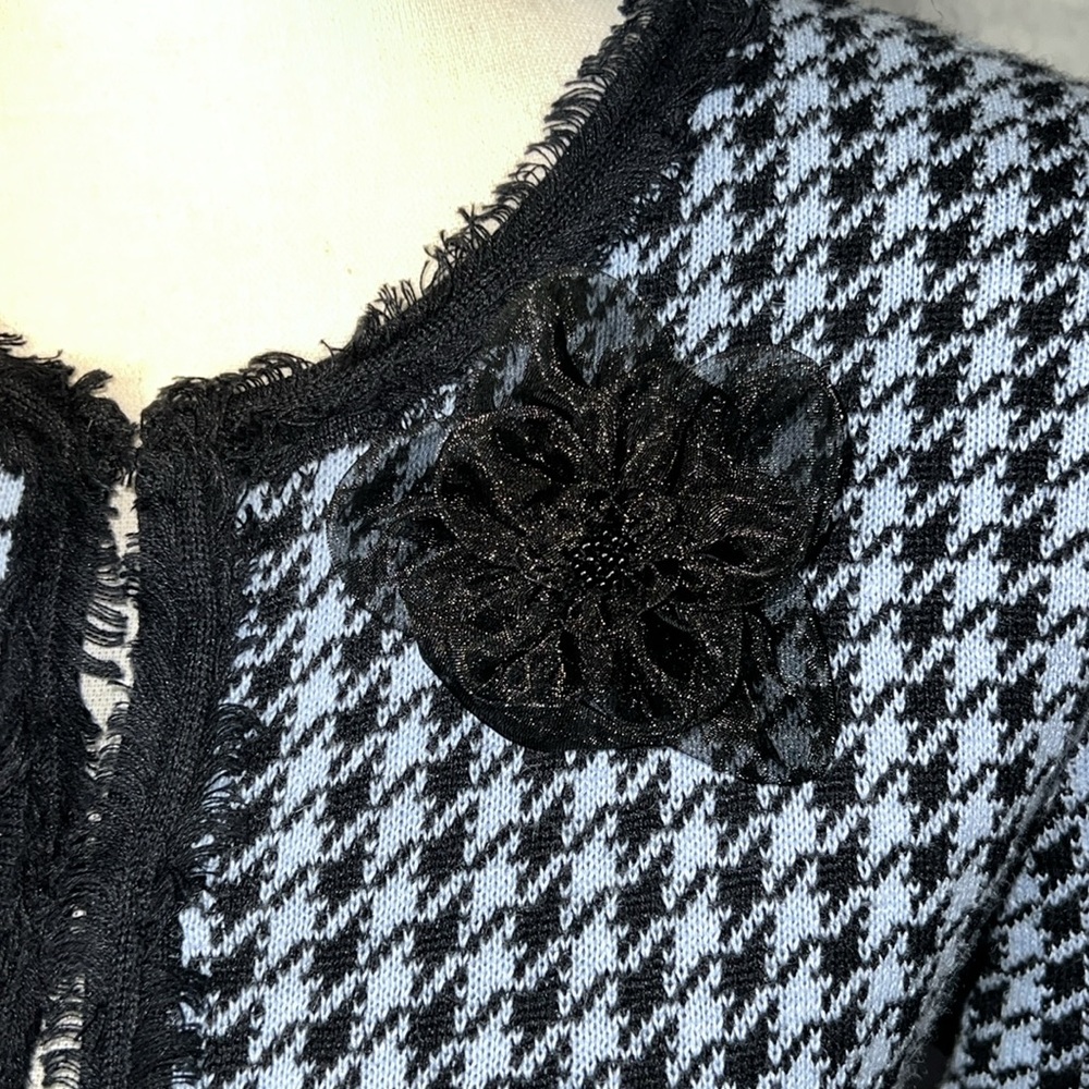 Crystal-Kobe Blue and Black Houndstooth Cardigan Sweater with Floral Pin Accent - Picture 7 of 11